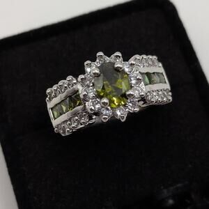 Silver Tone Pave Halo Green and Clear Crystal Statement Cocktail Ring Size 8